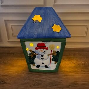 Pfaltzgraff Snowman House Lantern Candle Holder‎ Christmas Decor Blue Roof
